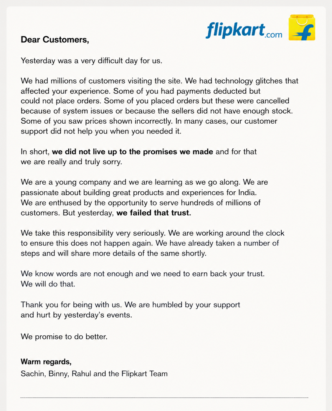 Flipkart founders' public apology letter